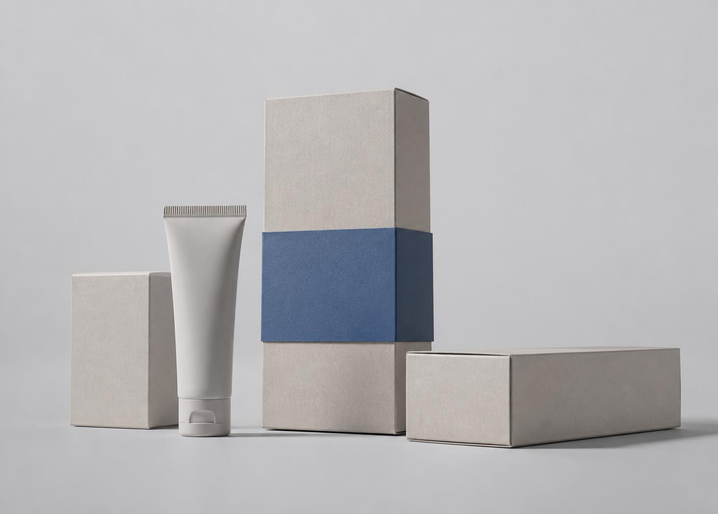 Matte cardboard packaging boxes with a blue band on a gray backdrop