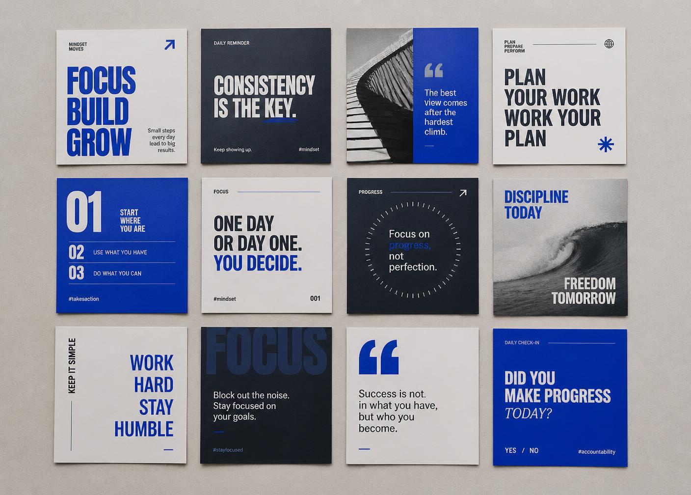 Grid of printed social media post layouts in blue and slate