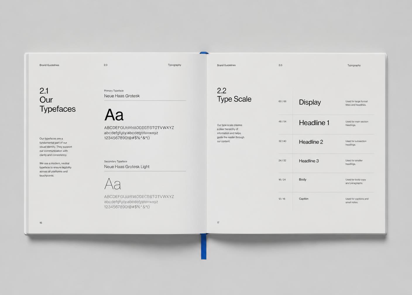 Open brand guidelines book showing typography and type scale pages